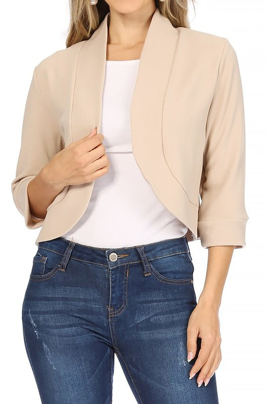 Solid Waist-Length Collarless Blazer Cardigan - Open Front, Cuffed Sleeves