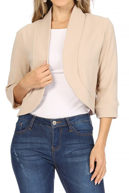 Solid Waist-Length Collarless Blazer Cardigan - Open Front, Cuffed Sleeves
