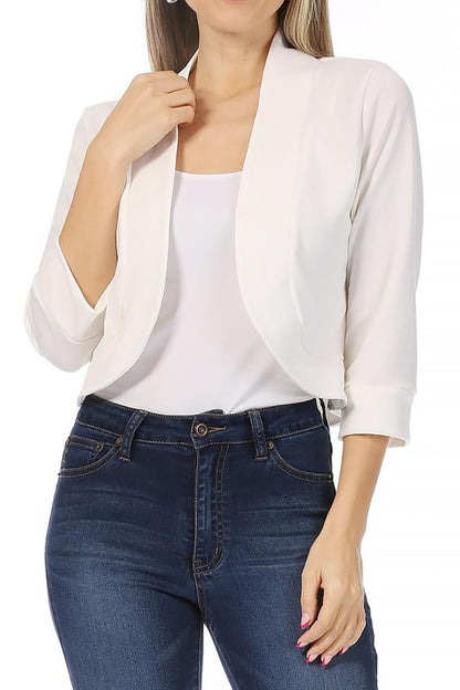 Solid Waist-Length Collarless Blazer Cardigan - Open Front, Cuffed Sleeves