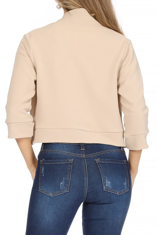 Solid Waist-Length Collarless Blazer Cardigan - Open Front, Cuffed Sleeves