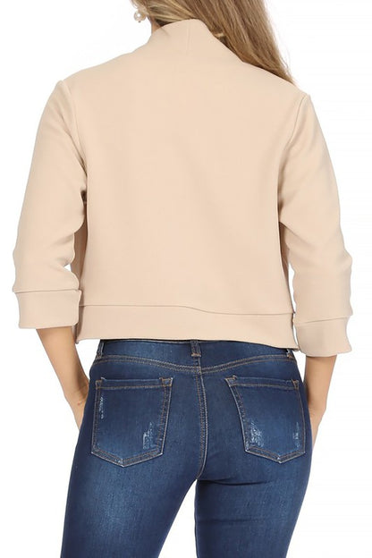 Solid Waist-Length Collarless Blazer Cardigan - Open Front, Cuffed Sleeves