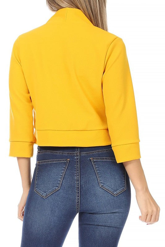 Solid Waist-Length Collarless Blazer Cardigan - Open Front, Cuffed Sleeves