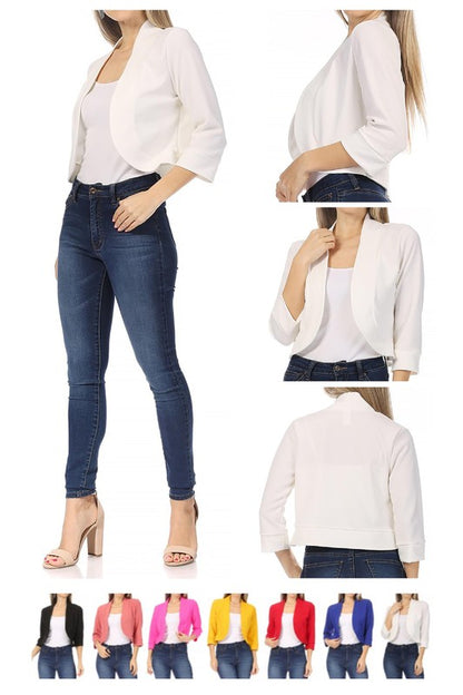 Solid Waist-Length Collarless Blazer Cardigan - Open Front, Cuffed Sleeves