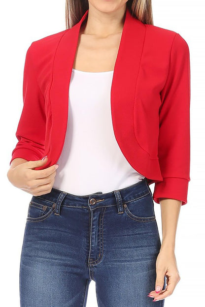 Solid Waist-Length Collarless Blazer Cardigan - Open Front, Cuffed Sleeves