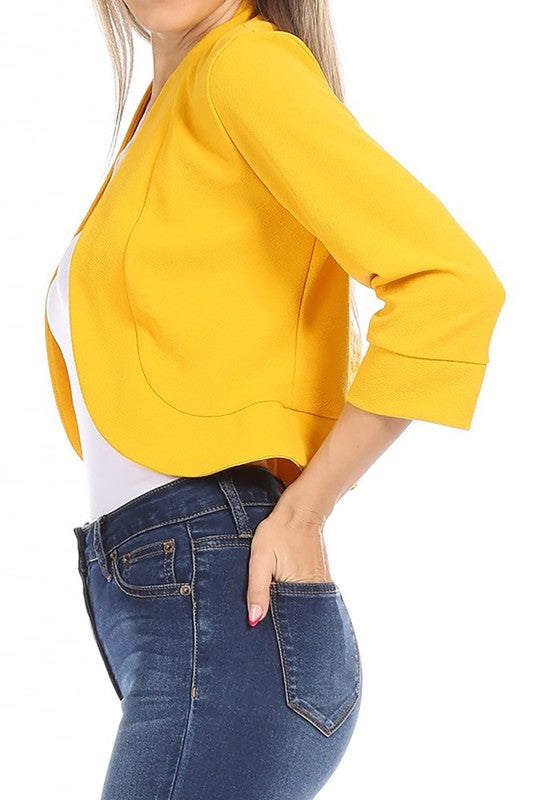 Solid Waist-Length Collarless Blazer Cardigan - Open Front, Cuffed Sleeves