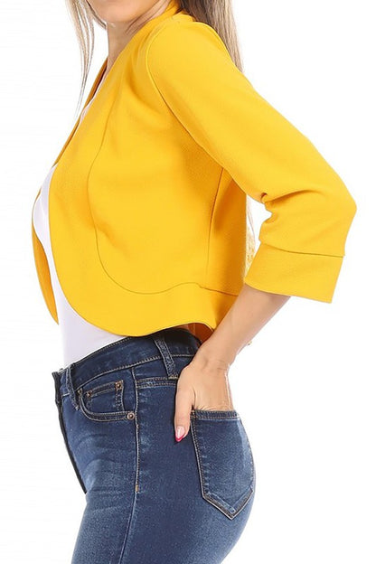 Solid Waist-Length Collarless Blazer Cardigan - Open Front, Cuffed Sleeves