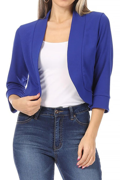 Solid Waist-Length Collarless Blazer Cardigan - Open Front, Cuffed Sleeves