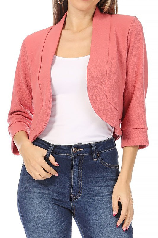 Solid Waist-Length Collarless Blazer Cardigan - Open Front, Cuffed Sleeves