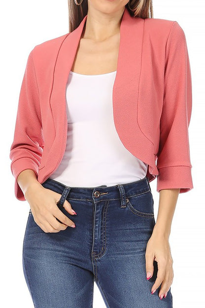 Solid Waist-Length Collarless Blazer Cardigan - Open Front, Cuffed Sleeves