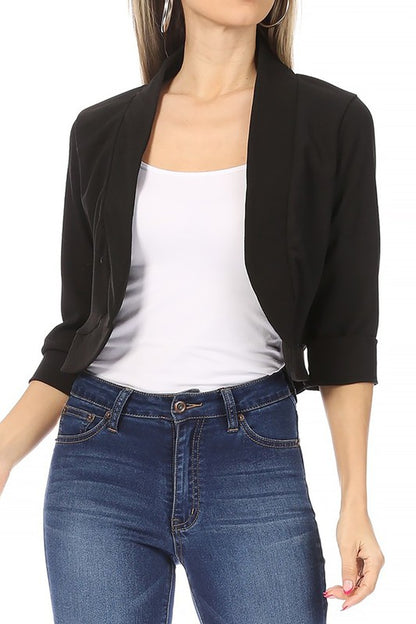 Solid Waist-Length Collarless Blazer Cardigan - Open Front, Cuffed Sleeves
