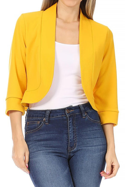 Solid Waist-Length Collarless Blazer Cardigan - Open Front, Cuffed Sleeves