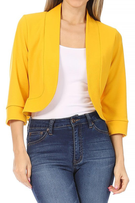 Solid Waist-Length Collarless Blazer Cardigan - Open Front, Cuffed Sleeves
