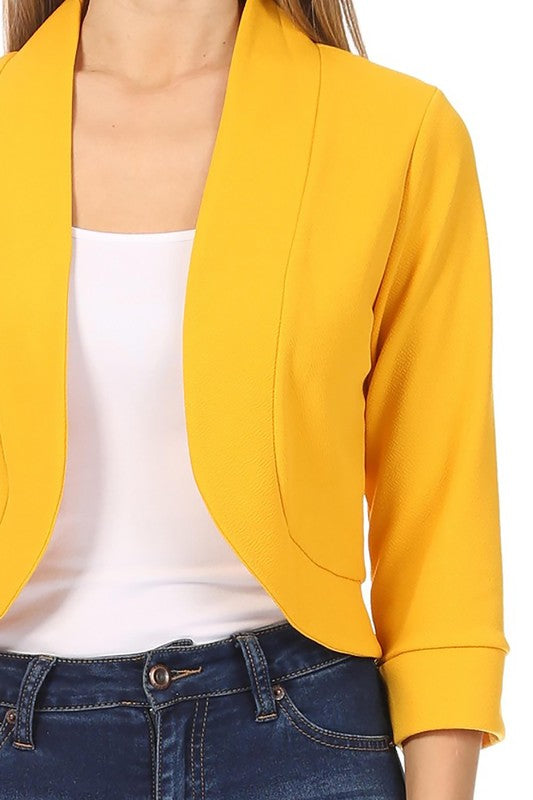 Solid Waist-Length Collarless Blazer Cardigan - Open Front, Cuffed Sleeves