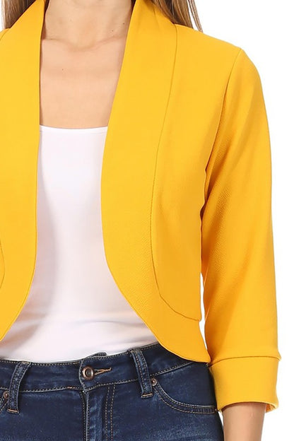 Solid Waist-Length Collarless Blazer Cardigan - Open Front, Cuffed Sleeves