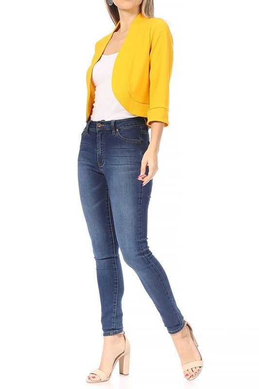 Solid Waist-Length Collarless Blazer Cardigan - Open Front, Cuffed Sleeves
