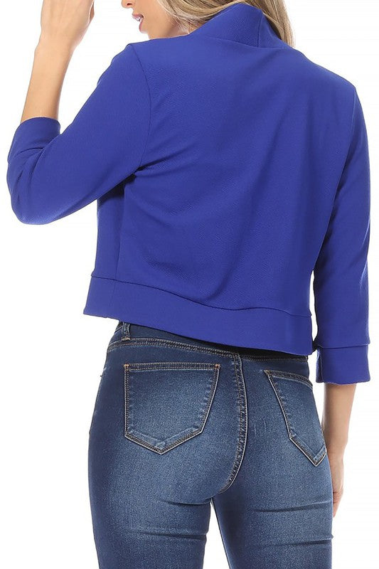 Solid Waist-Length Collarless Blazer Cardigan - Open Front, Cuffed Sleeves