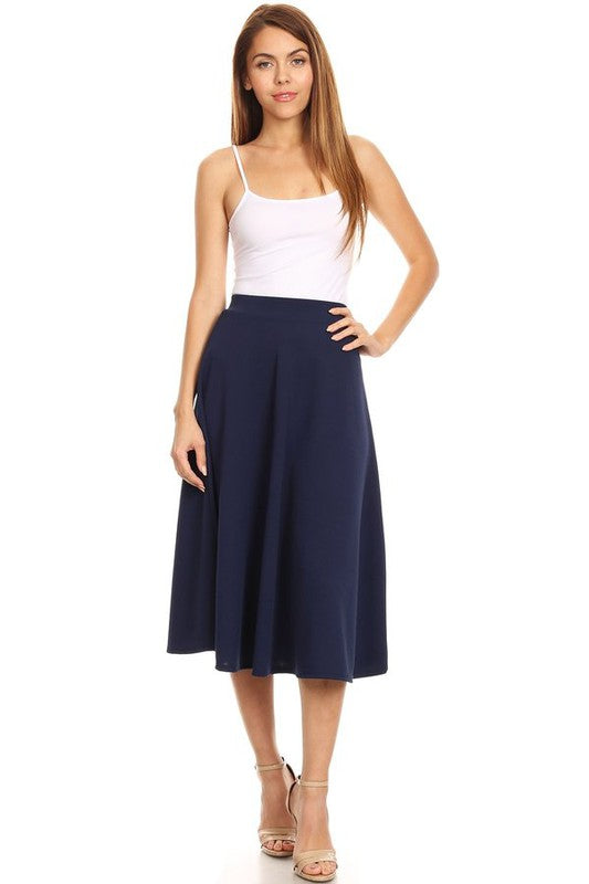 Solid High Waisted A-Line Midi Skirt with Elastic Waist - Elegant and Comfortable