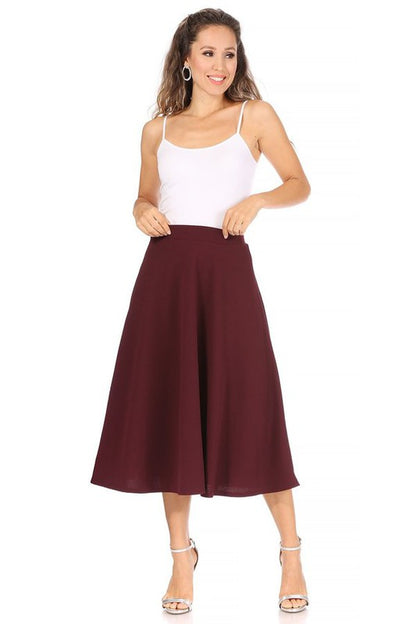 Solid High Waisted A-Line Midi Skirt with Elastic Waist - Elegant and Comfortable