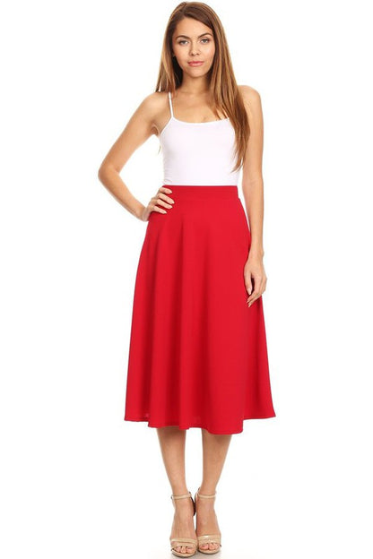 Solid High Waisted A-Line Midi Skirt with Elastic Waist - Elegant and Comfortable
