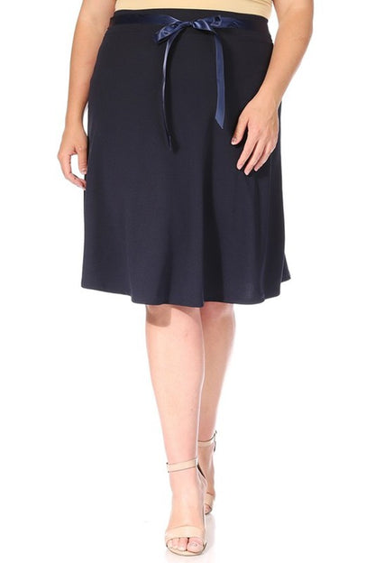 Plus Size Solid A-Line Knee Length Skirt with Waist Bow Tie Accent