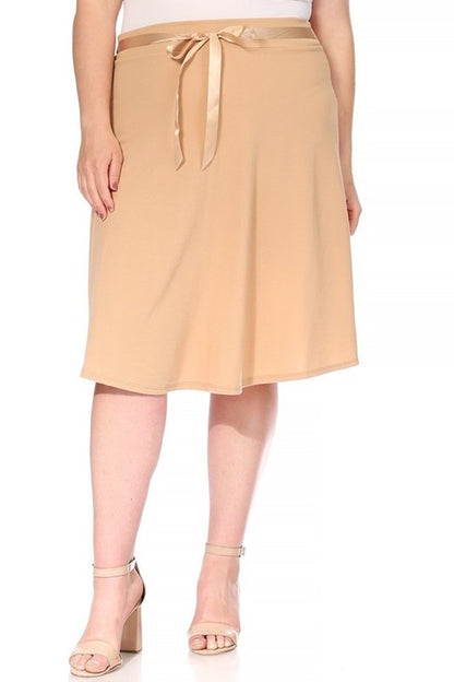 Plus Size Solid A-Line Knee Length Skirt with Waist Bow Tie Accent