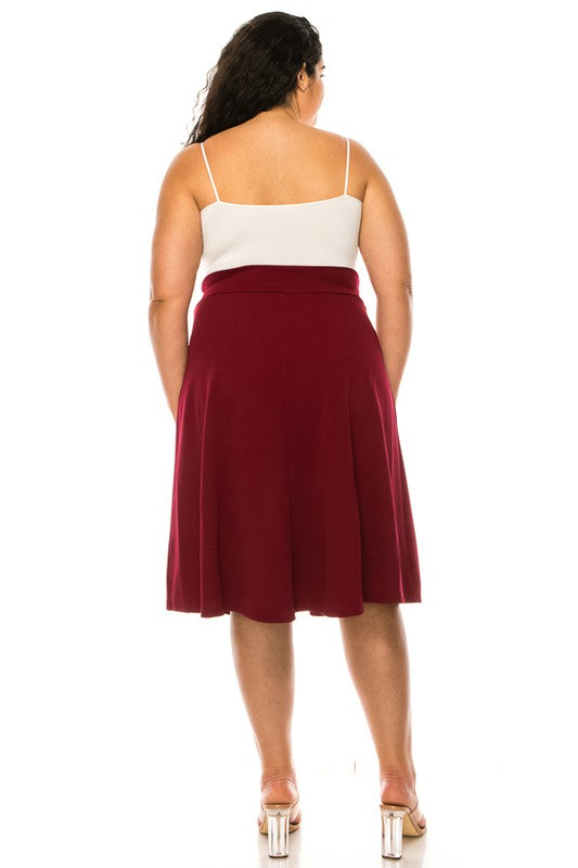 Plus Size Solid A-Line Knee Length Skirt with Waist Bow Tie Accent