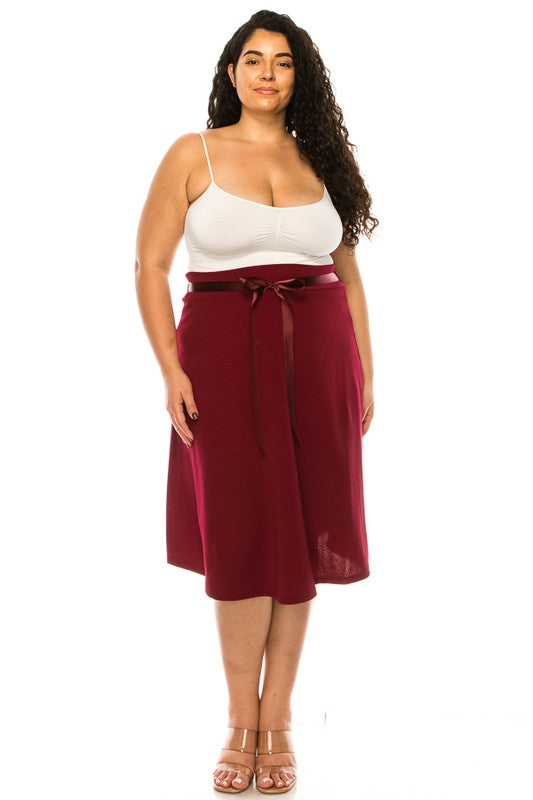 Plus Size Solid A-Line Knee Length Skirt with Waist Bow Tie Accent