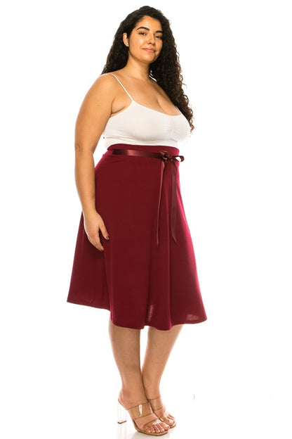 Plus Size Solid A-Line Knee Length Skirt with Waist Bow Tie Accent
