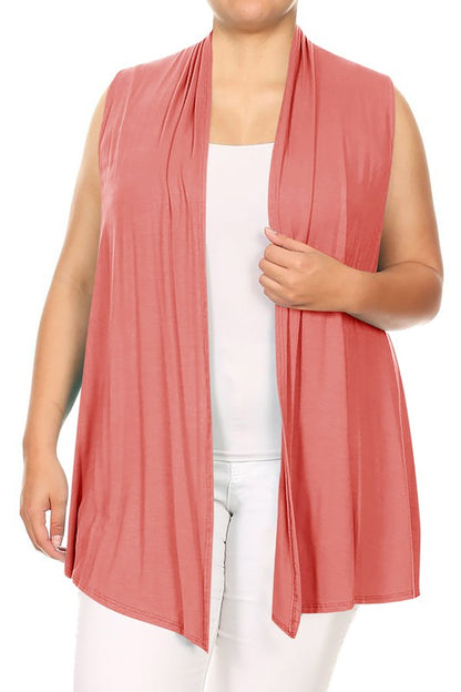 Solid Open Front Vest - Loose Fit, Long Body, Draped Neck, Asymmetrical Hem