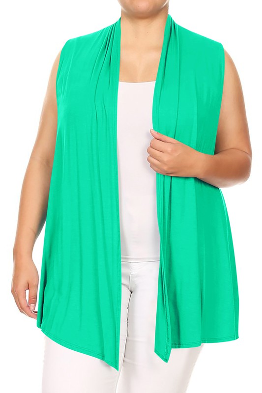 Solid Open Front Vest - Loose Fit, Long Body, Draped Neck, Asymmetrical Hem