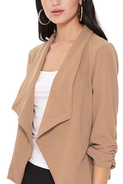 MOA Collection Solid Waist-Length Blazer Jacket with Ruched 3/4 Sleeves