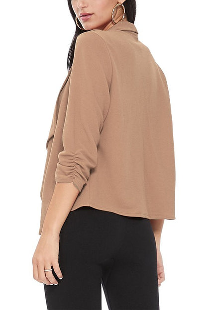 MOA Collection Solid Waist-Length Blazer Jacket with Ruched 3/4 Sleeves