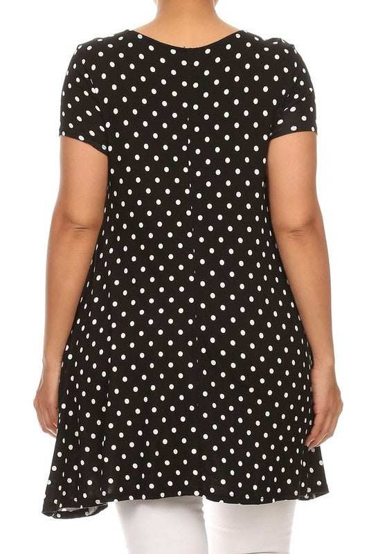 Polka Dot Print Top - Plus Size, Relaxed Fit with Crew Neck and Pockets