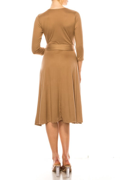 Solid Faux Wrap Dress - Deep V-Neck & Waist Tie