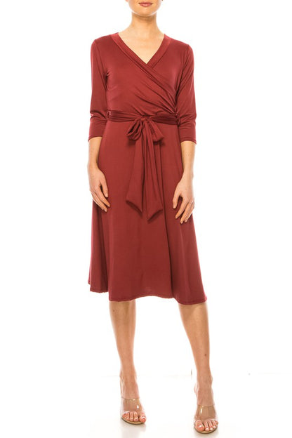 Solid Faux Wrap Dress - Deep V-Neck & Waist Tie