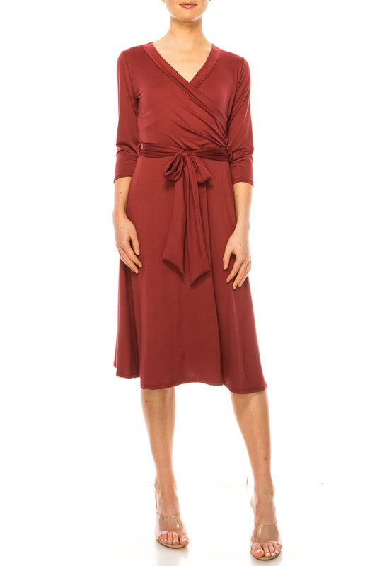 Solid Faux Wrap Dress - Deep V-Neck & Waist Tie