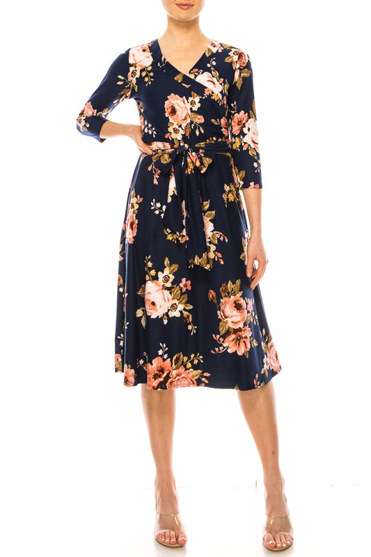 MOA Collection Floral Print Faux Wrap Dress with Deep V-Neck and Waist Tie