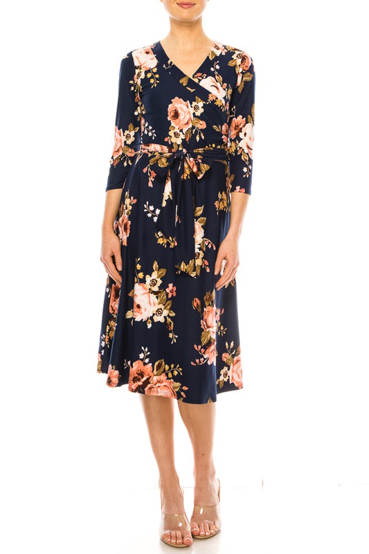 MOA Collection Floral Print Faux Wrap Dress with Deep V-Neck and Waist Tie