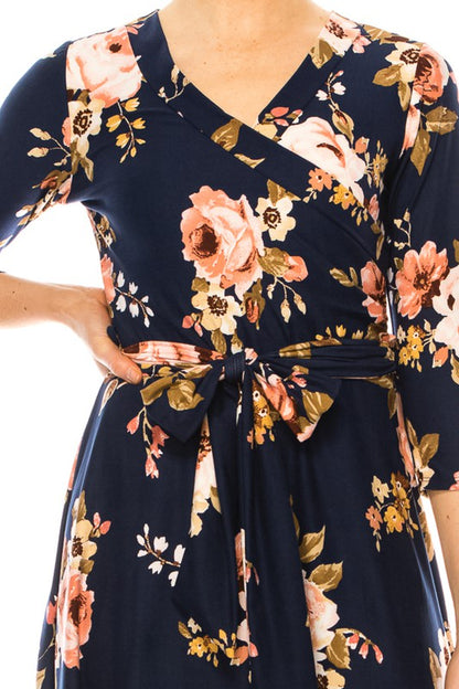 MOA Collection Floral Print Faux Wrap Dress with Deep V-Neck and Waist Tie
