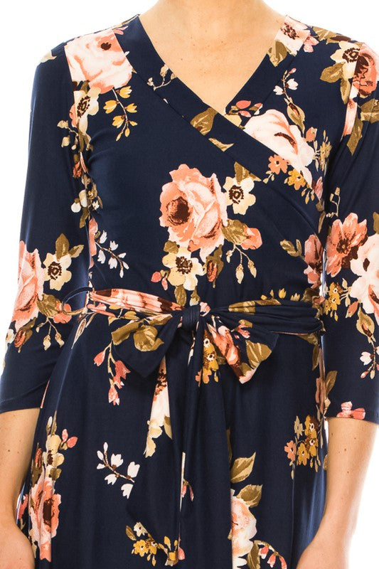 MOA Collection Floral Print Faux Wrap Dress with Deep V-Neck and Waist Tie