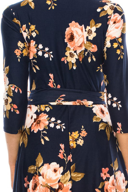 MOA Collection Floral Print Faux Wrap Dress with Deep V-Neck and Waist Tie