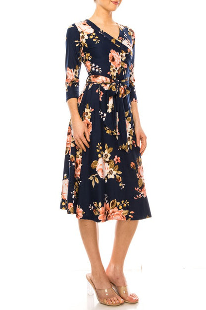 MOA Collection Floral Print Faux Wrap Dress with Deep V-Neck and Waist Tie