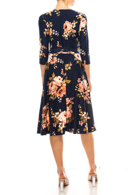 MOA Collection Floral Print Faux Wrap Dress with Deep V-Neck and Waist Tie
