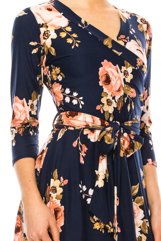MOA Collection Floral Print Faux Wrap Dress with Deep V-Neck and Waist Tie