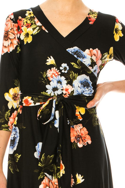 MOA Collection Floral Print Faux Wrap Dress with Deep V-Neck and Waist Tie