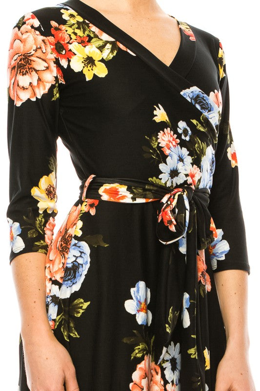 MOA Collection Floral Print Faux Wrap Dress with Deep V-Neck and Waist Tie