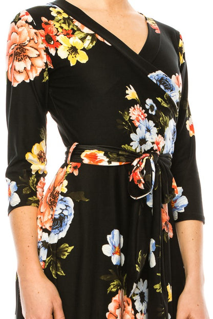 MOA Collection Floral Print Faux Wrap Dress with Deep V-Neck and Waist Tie