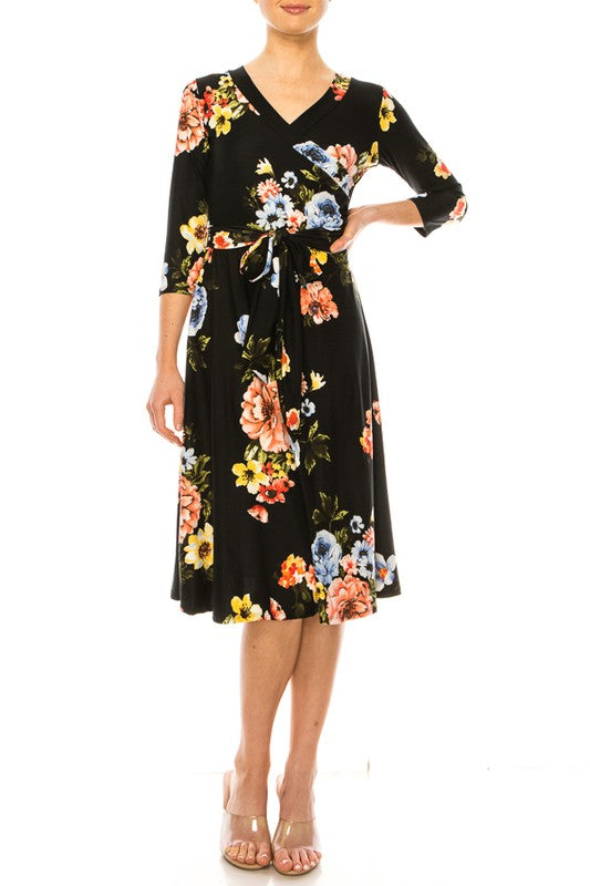 MOA Collection Floral Print Faux Wrap Dress with Deep V-Neck and Waist Tie
