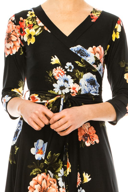 MOA Collection Floral Print Faux Wrap Dress with Deep V-Neck and Waist Tie