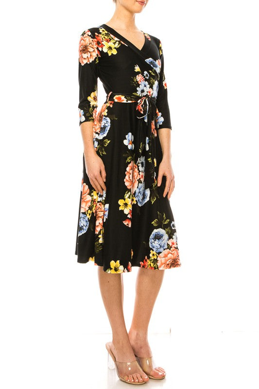 MOA Collection Floral Print Faux Wrap Dress with Deep V-Neck and Waist Tie